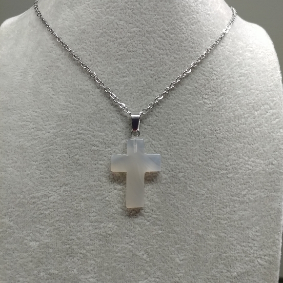 White Agate Cross 23.5" Necklace Natural Gemstone Crystal Pendant StainlessSteel - Picture 12 of 12
